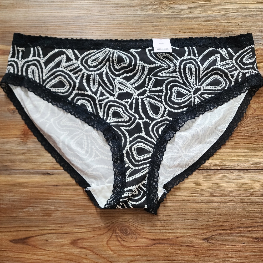 Auden Panties Womens 3X Black Floral Cotton Bikini Lace Trim NEW